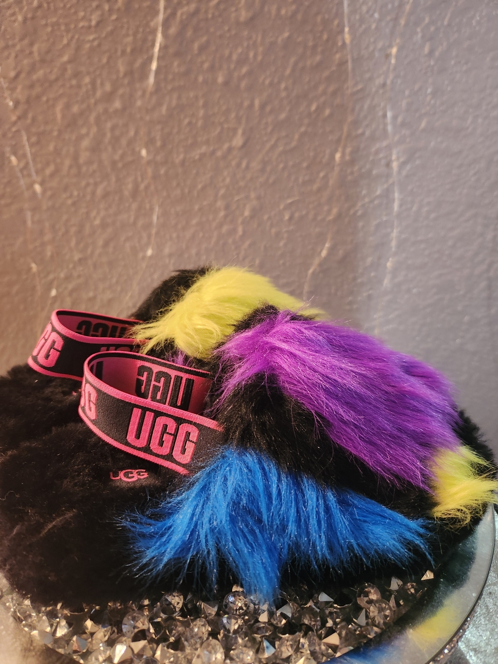 UGG Black Fuzzy Sandals with Blue & Purple Fur Accents